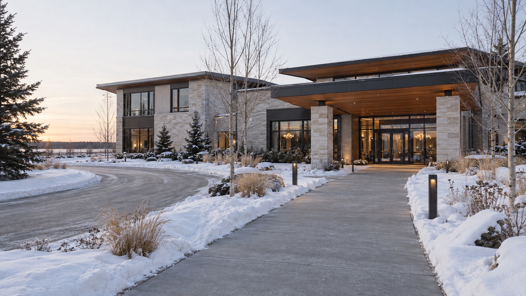 AI-generated commercial property concept: a broad winter entrance path leading to a warmly lit stone-and-wood building.